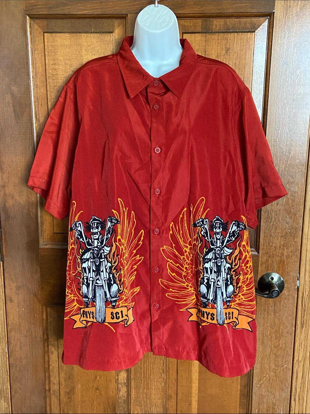Phys Sci Button-up rust-orange color Skeleton Biker Graphics Size XL